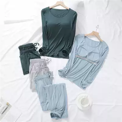 Women with chest pad pajamas Modal cotton long sleeve trousers set women loose large size moon clothes pajamas summer