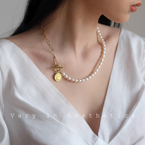 VIA Pearl ins niche personality advanced design sense splicing thick chain New Tide coin gold coin collarbone necklace