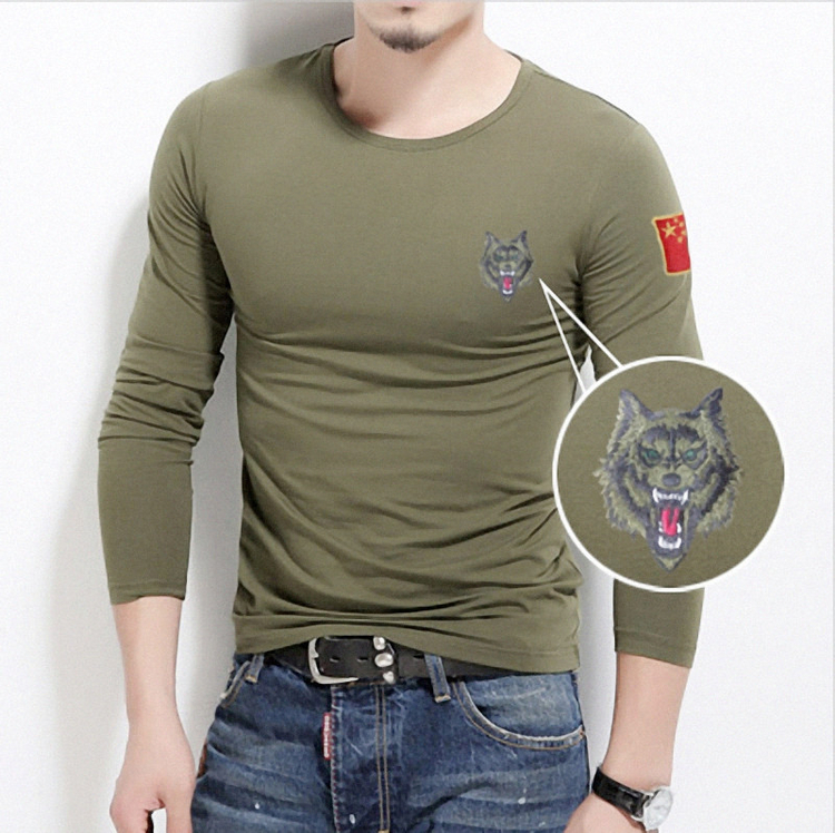 Thêu wolf head mùa thu đồng phục nam dài tay t-shirt đen vòng cổ cờ quân đội fan quần áo lực lượng đặc biệt t-shirt