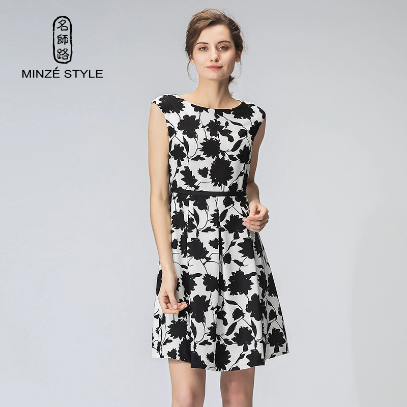Mingshilu mới của phụ nữ mùa xuân váy in voan nữ váy cơ sở dài trung bình hàng rào không tay - váy đầm