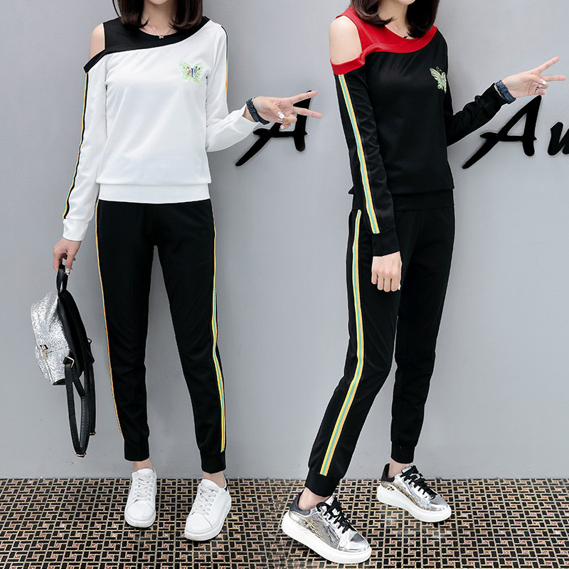 早秋新款运动套装女2017韩版时尚露肩长袖卫衣休闲服两件套春秋潮