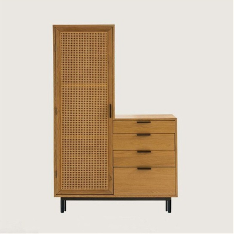 Japanese-Style Solid Wood Wardrobe with Rattan Weaving, Small Household Storage Cabinet, Storage Cabinet, Single-Door Wardrobe for Hotels and Guesthouses, Vintage