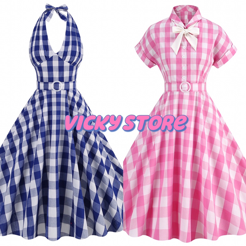 European and American Retro 1950S Style Party Dress with Hong Kong Flair, Pink Plaid, Slimming Performance Outfit, Vacation Flared Dress European and American Retro 1950S Style Party Dress with Hong Kong Flair, Pink Plaid, Slimming Performance Outfit, Vacation Flared Dress