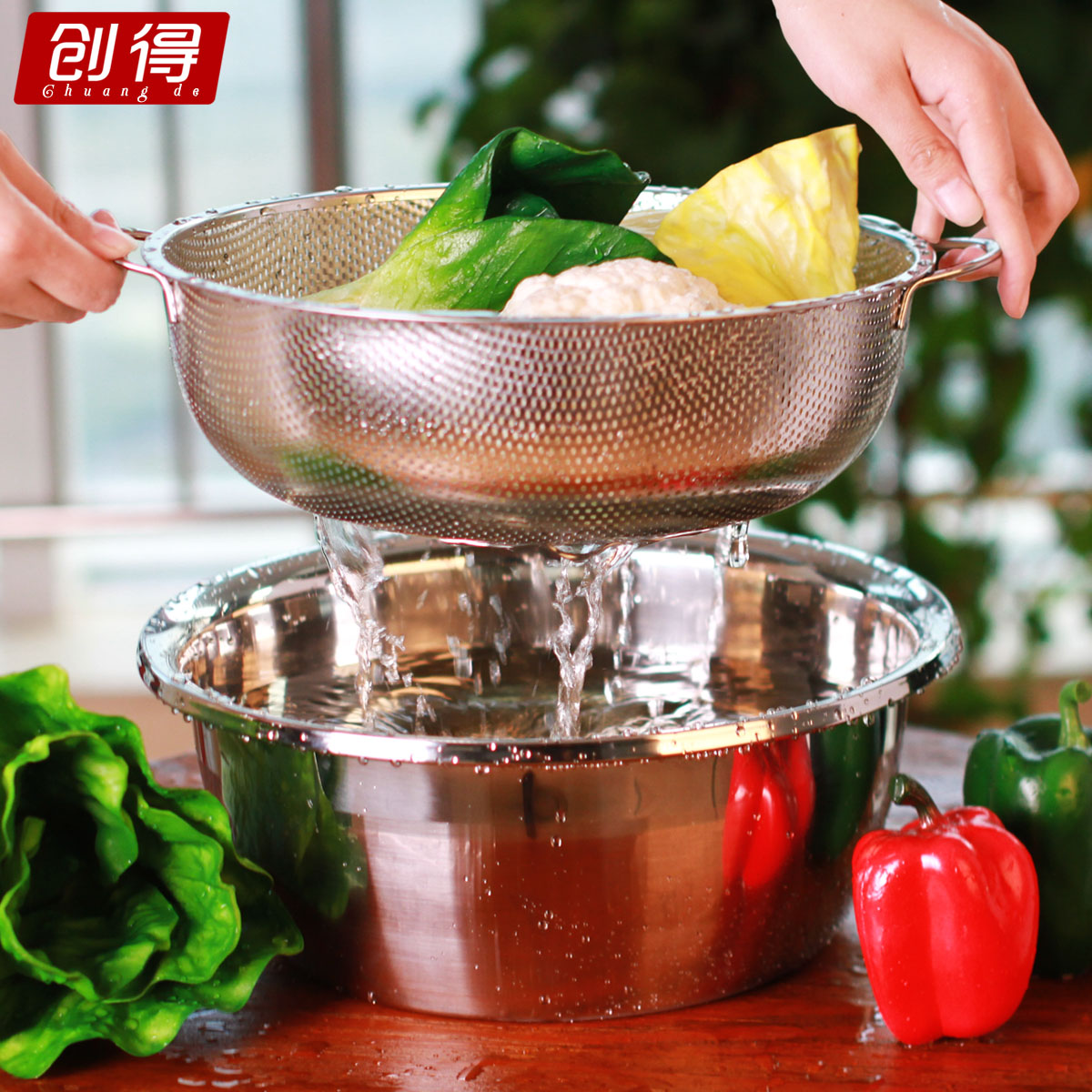 Filter stainless steel vegetable washing basin thickened drain basin Round rice washing basin Vegetable washing basket Amoy rice water basket drain basin Large