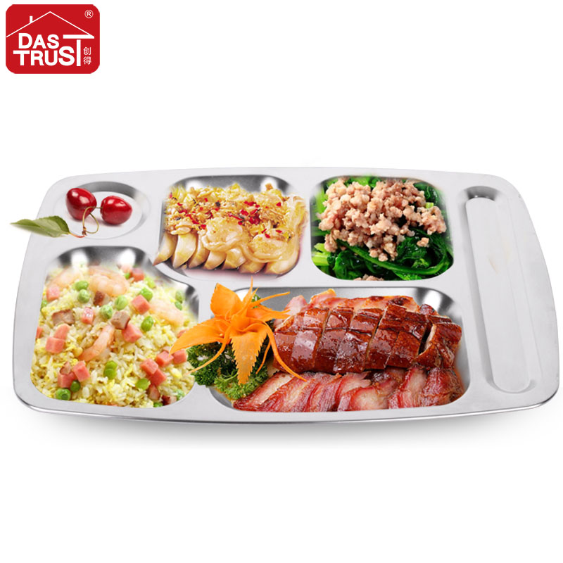 Extra thick rectangular 304 stainless steel plate canteen thickened student fast food plate five grids and six grids