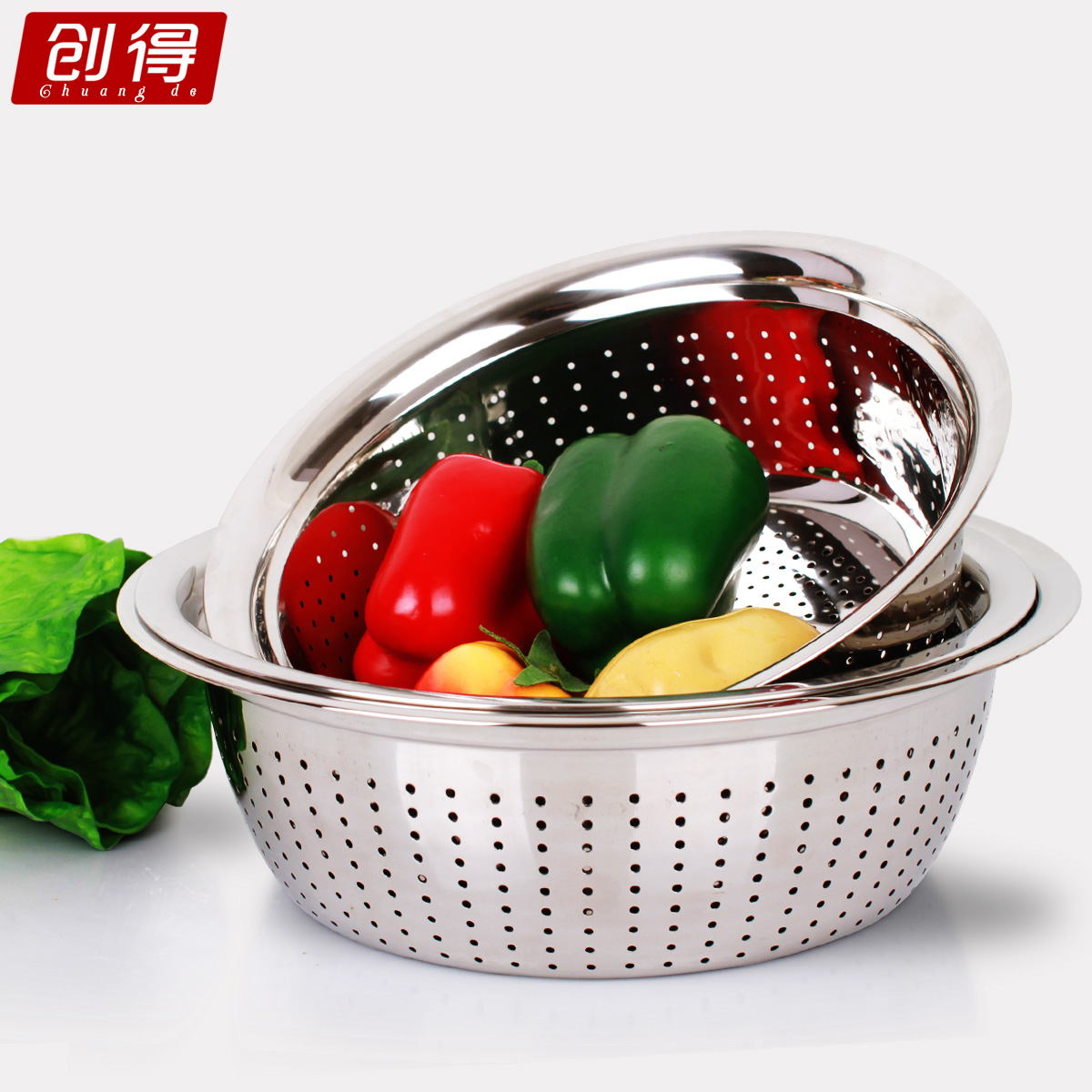 Round stainless steel leaky basin Vegetable washing basin Vegetable washing basket leaky basin thickened drain basin Large bowl public multi-purpose basin