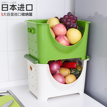 Japan imported kitchen shelf vegetable and fruit storage box plastic storage basket can be superimposed wide mouth storage shelf