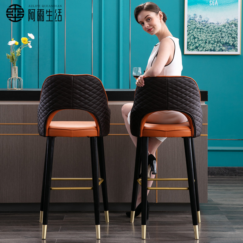 Light luxury solid wood bar stool American high chair high leaning Nordic bar chair modern simple home orange high stool