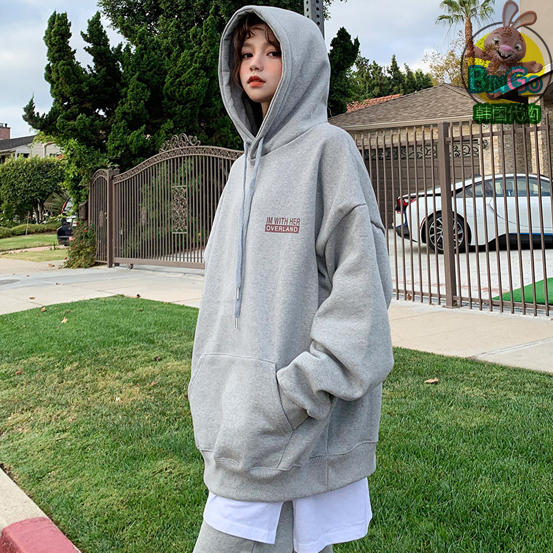 19 autumn and winter New Korean version Leisure letter Lianhood training loose sleeves hooded sweatpants thick cotton T women