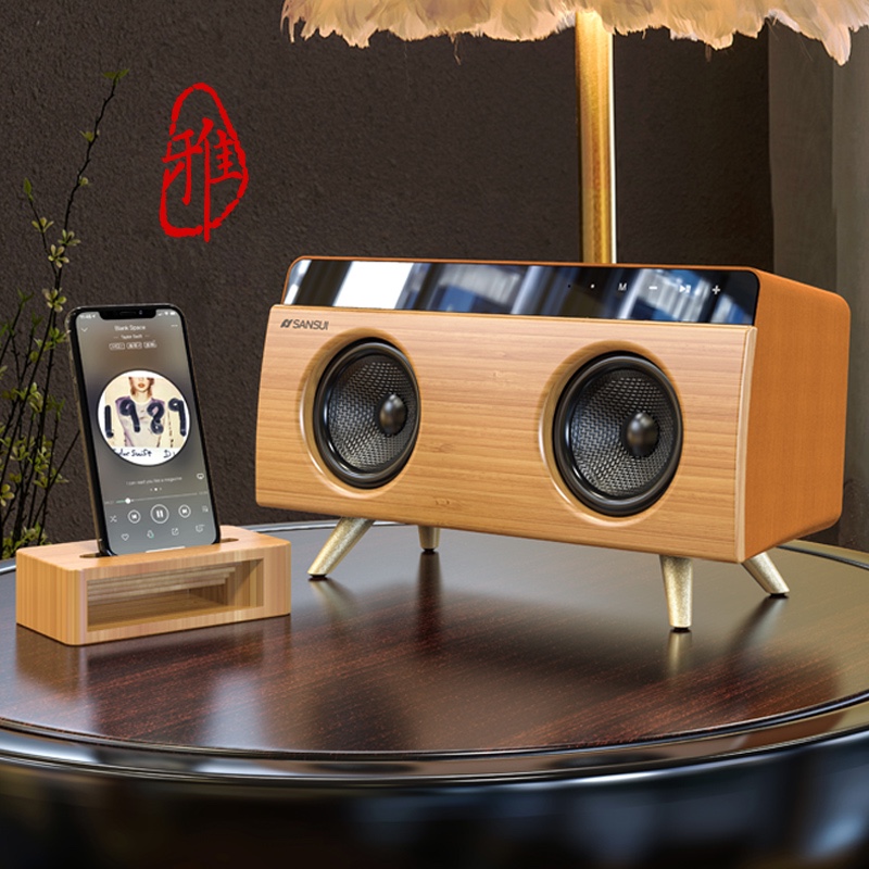 Sansui Shanshui desktop wireless bluetooth speaker large volume 3d surround wood mini small speaker retro home living room audio super subwoofer computer small speaker high quality