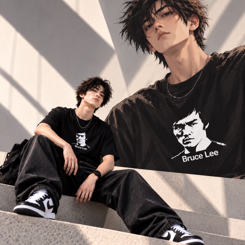 Bruce Lee Summer Short-Sleeve T-Shirt for Men, Pure Cotton Martial Arts Print, Simple Top with Regular Shoulders, Trendy and Unique T-Shirt Bruce Lee Summer Short-Sleeve T-Shirt for Men, Pure Cotton Martial Arts Print, Simple Top with Regular Shoulders, Trendy and Unique T-Shirt