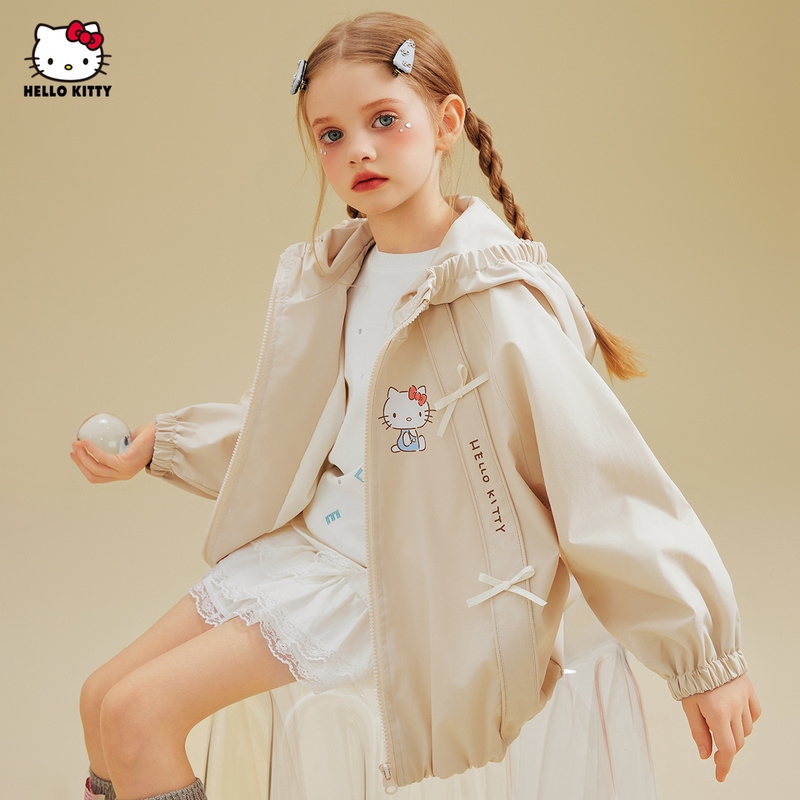Girls' Spring and Autumn Hello Kitty Cartoon Jacket, New Stylish Bowknot Jacket, Lightweight and Breathable Top