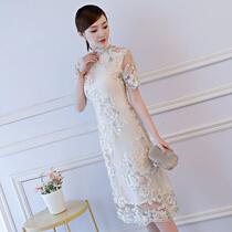 New womens spring and summer short retro collar improved cheongsam daily lace dress slim dress slim dress skirt