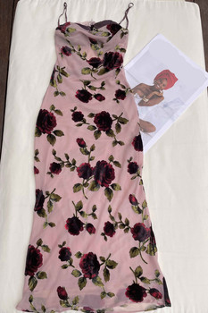 Retro sexy pink romantic flocking ສາມມິຕິລະດັບ rose suspender dress backless