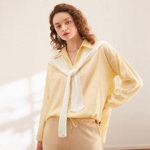 Aozhiguo folded fake two yellow shirts womens 2021 autumn new 3-color wild-match top sunscreen shirt