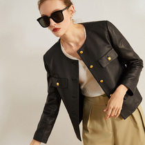 Ozhi country heavy imported sheep leather jacket women 2021 new spring and autumn 3 color metal buckle round neck leather clothing