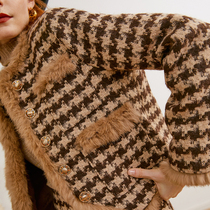 Aozhi French retro thousand bird grid tweed jacket small fragrance socialite style set female rabbit fur two-piece set