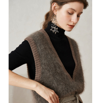 Ozhi country dark brown brushed knitted vest women folded sweater inside mohair V collar outer vest coat