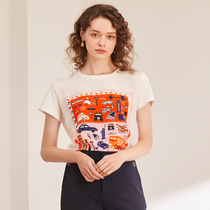 Aozhiguo 16 mmi silk crepe printed stitching t-shirt womens spring and summer 2-color outer wear base shirt short-sleeved top