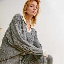 Ozhi country retro twisted color lapel wool sweater women 2021 New 2 color loose sweater