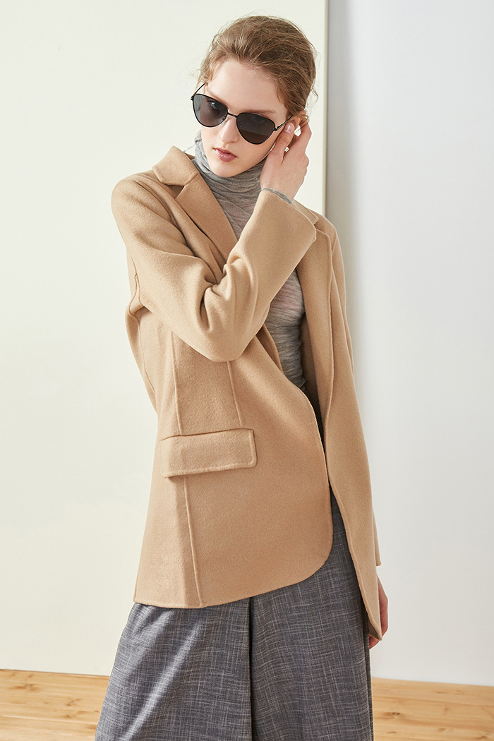 Oz 18 mùa thu và mùa đông tay khâu len hai mặt kaki + hồng floppy cổ áo dài tay áo coat áo khoác len nữ