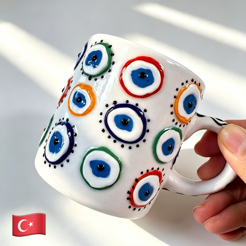 Turkish Imported Nazar Eye Protection Blessing Mug, Handmade Three-Dimensional Relief Ceramic Mug Turkish Imported Nazar Eye Protection Blessing Mug, Handmade Three-Dimensional Relief Ceramic Mug