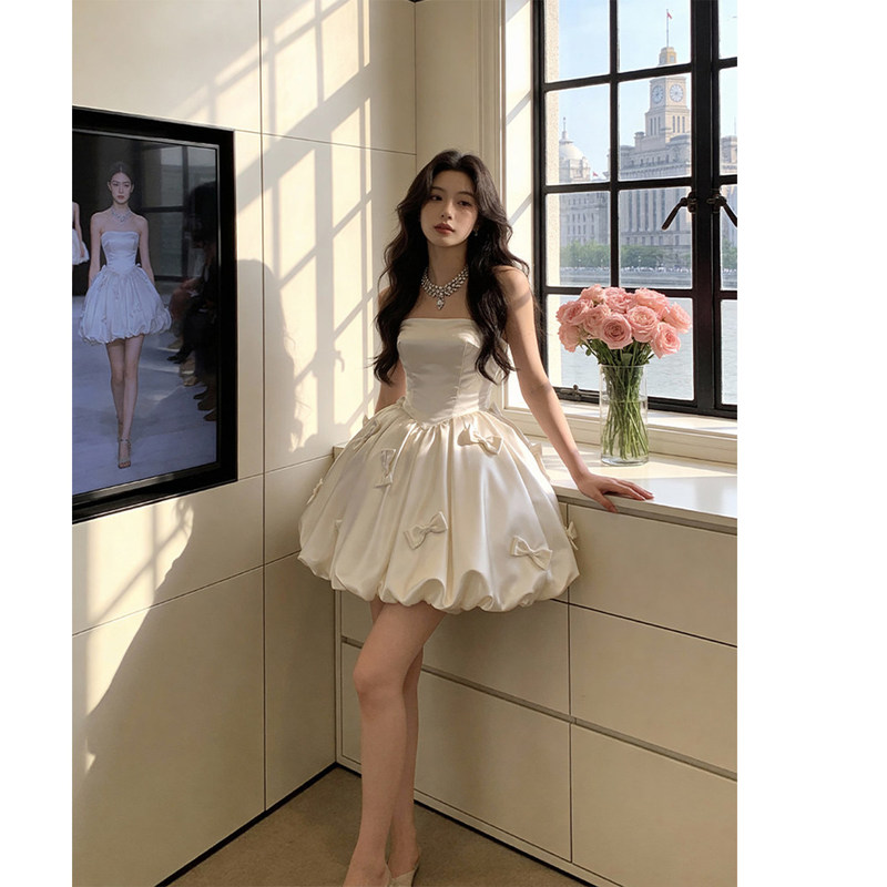 French-Style Strapless Light Wedding Dress, Short Student Coming-Of-Age Ceremony Puffy Princess Dress, White Satin Birthday Party Dress