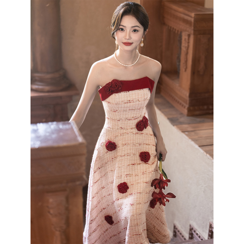 Strapless Robe for Women, Bride, 2026 New Style, High-End Pink Engagement Dress, Wedding Day Casual Dress, Toast Dress