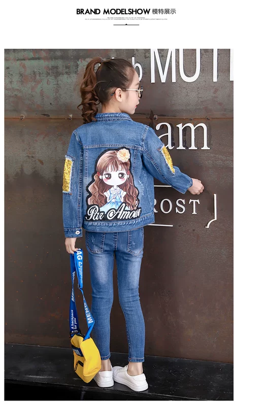 Áo khoác denim nữ 2018 xuân mới trẻ em áo khoác ngọc trai ngắn trong quần jean trẻ em lớn - Áo khoác