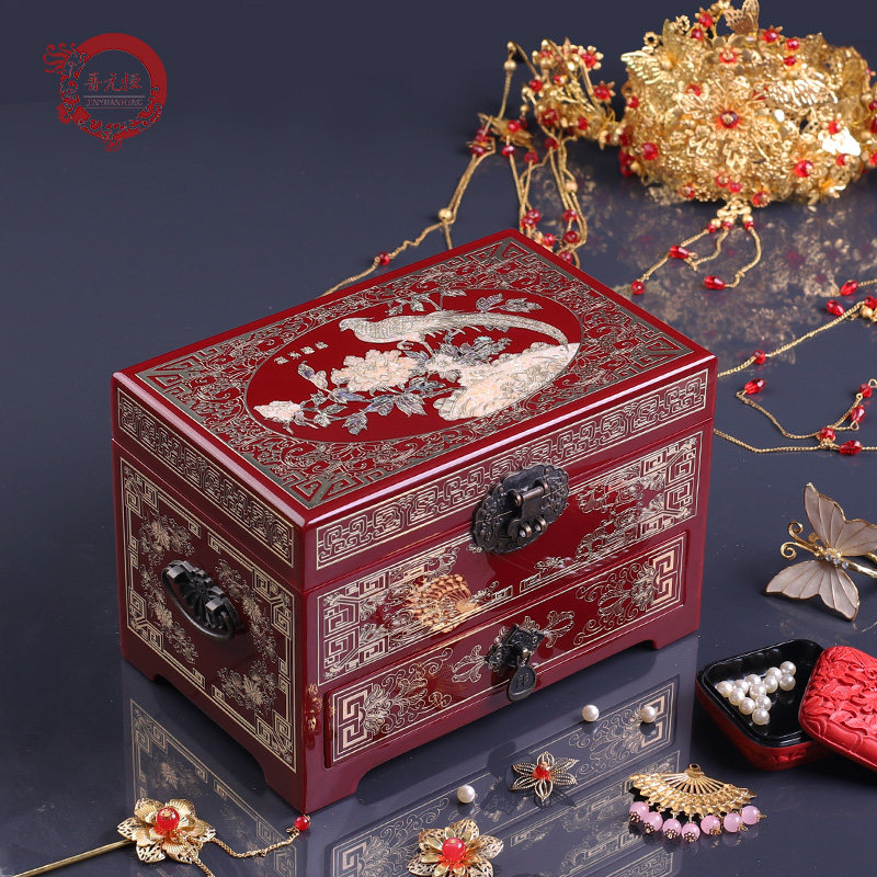 Copper wire inlaid shell retro jewelry collection box solid wooden jewelry box screw box box ancient style makeup box gift