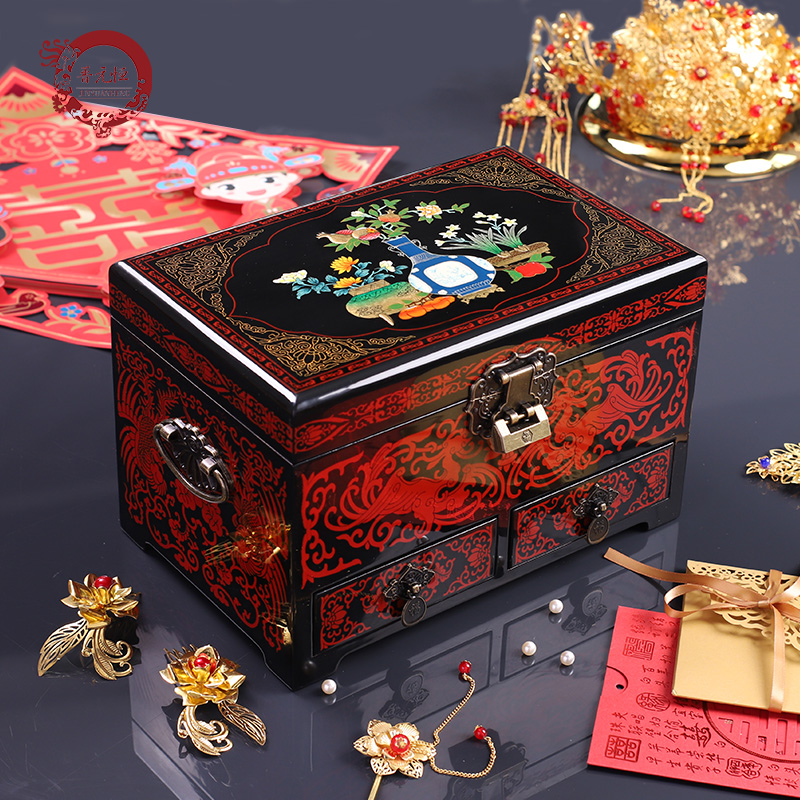 Jinyuan Henglacquer Retro Wood Large Capacity First Decorated Box Wedding Wedding Gift Multiple Layers Courtesy Gold Jewelry Lacquered Box Containing Box