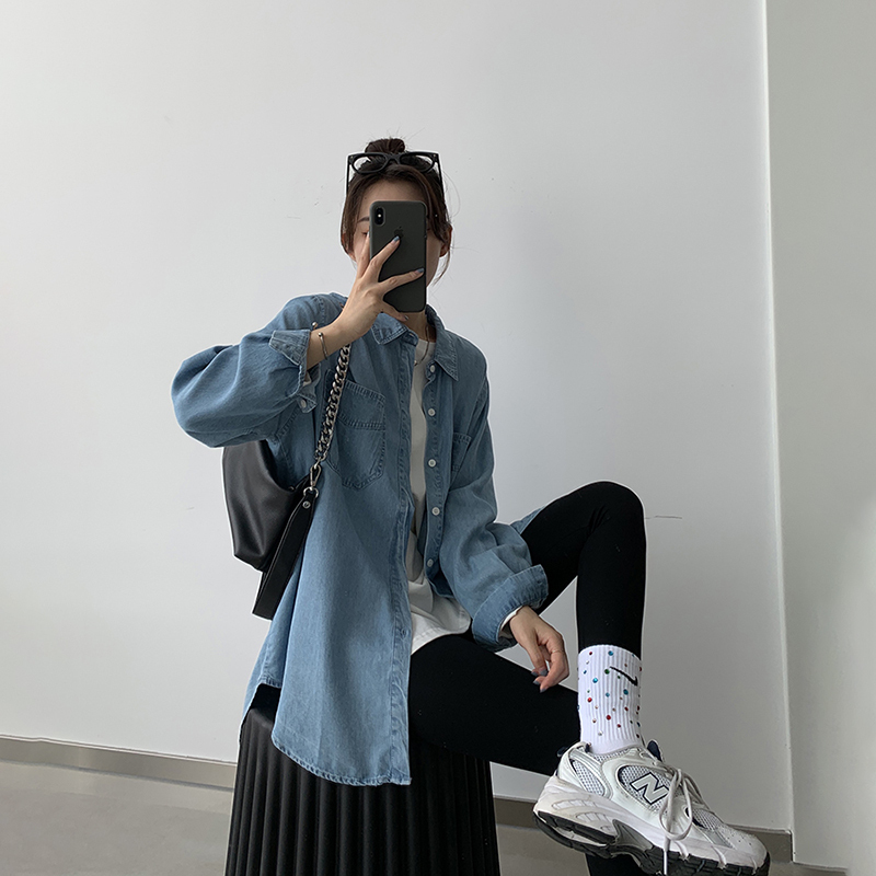 Denim Shirt for Women, Vintage Layered Casual Thin Jacket, Summer Loose Slimming Top, Long-Sleeved Spring and Autumn Lazy Style