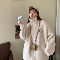 New autumn and winter loose zipper jacket stand-up collar thickened velvet cute bear lamb plush versatile maternity sweatshirt