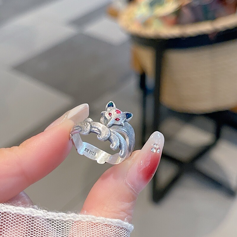 S925 Silver Fashionable Simple Retro Style Nine-Tailed Fox Ring Cute Little Fox Retro Palace Style Niche Style