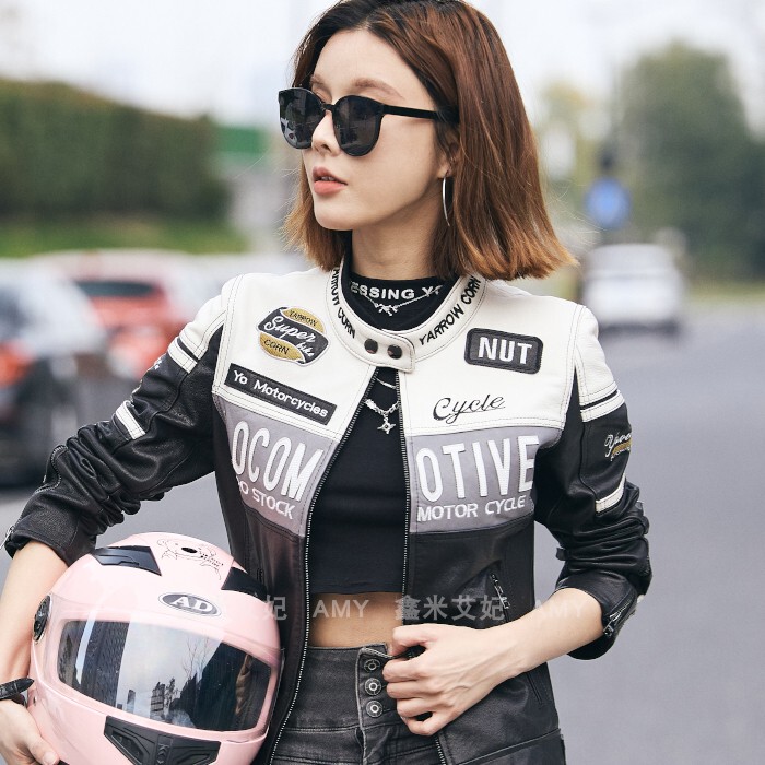 Spring and Autumn New Style Harley Motorcycle Sheepskin Slim Fit Genuine Leather Armband Stand Collar Short Jacket Trendy Cool Biker Leather Jacket for Women