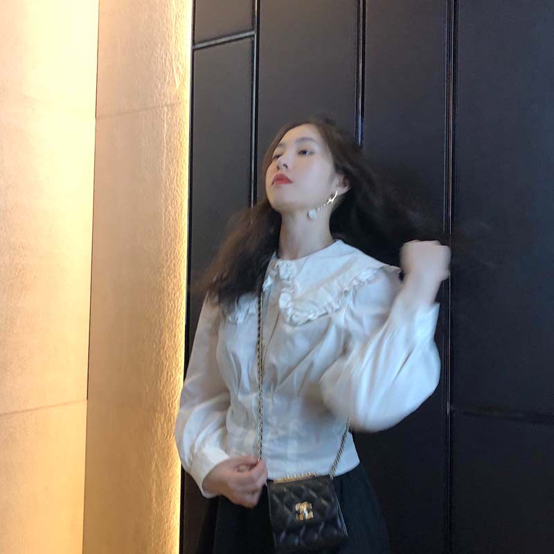 Via Vela nice white lotus leaf shirt lady designs cotton short long - sleeved retro shirt