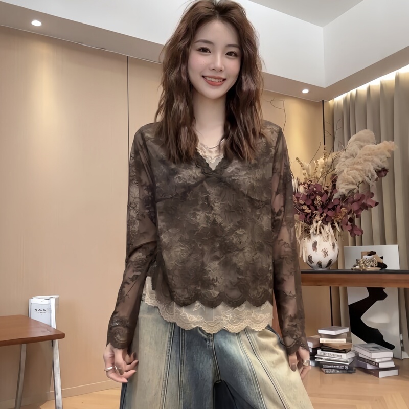 Light Mature Style Rose Jacquard Lace Blouse for Women 2026 Autumn Plus Size Fashionable High-End Slimming Base Shirt Top Light Mature Style Rose Jacquard Lace Blouse for Women 2026 Autumn Plus Size Fashionable High-End Slimming Base Shirt Top
