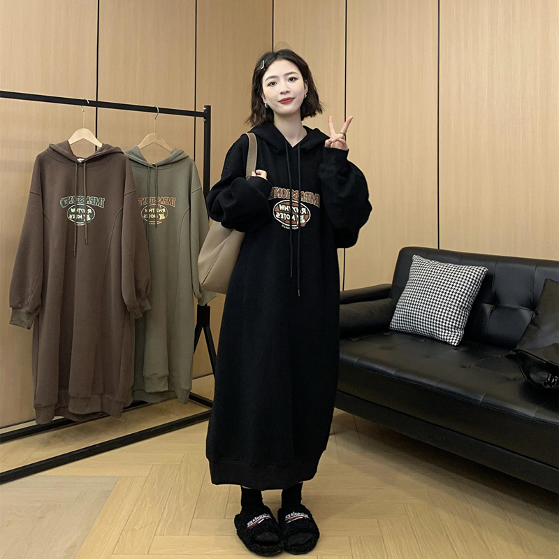 Plus-Size Loose Retro Dress for Women, 2026 Autumn New Style, Slimming and Tummy-Concealing Hooded Sweatshirt Long Dress for Slightly Chubby Women