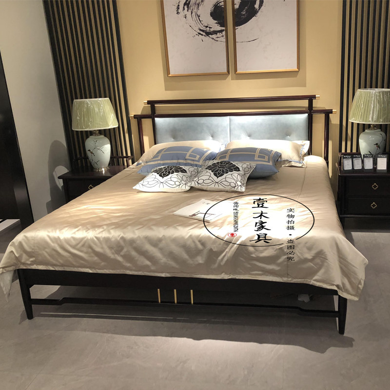 New Chinese-style solid wood bed 18m double bed Zen model room simple 15m leather wedding bed bedroom fabric bed