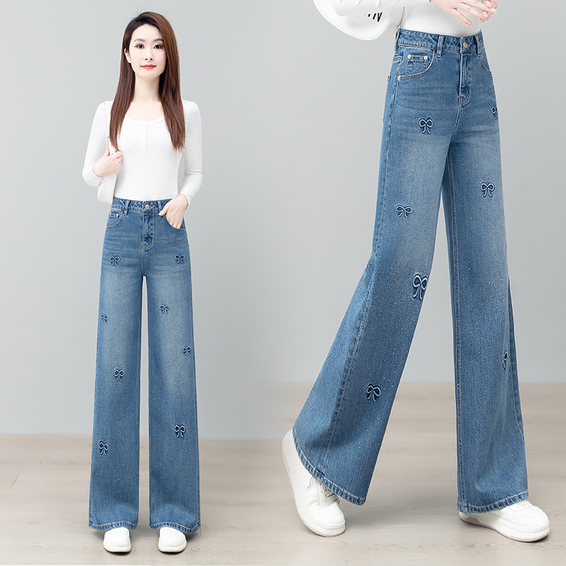 High-Waisted Embroidered Bow Jeans for Women, Casual Wide-Leg Pants, Slimming Straight-Leg Pants