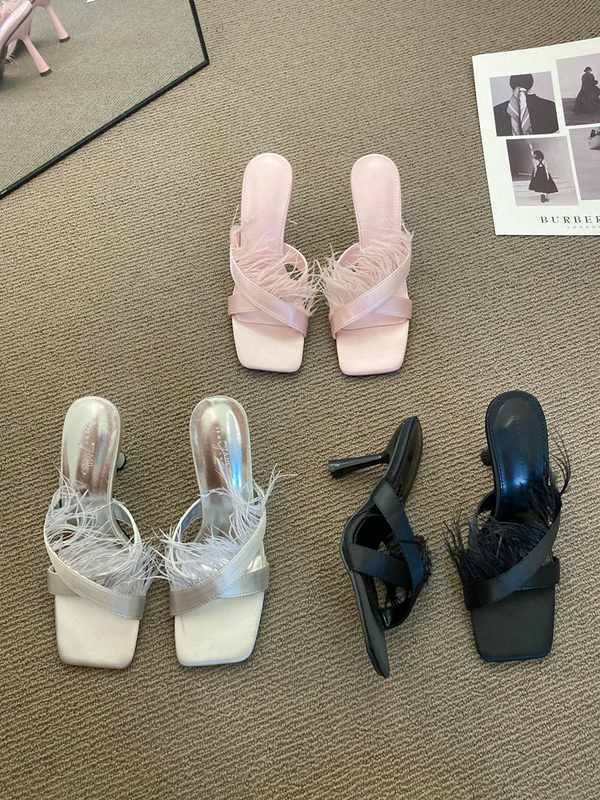 Beautiful ~ Sweet Pink Silks and Satins Feather Sandals for Women, Fashionable Cross Straps, Sexy Fairy High Heels with Skirts