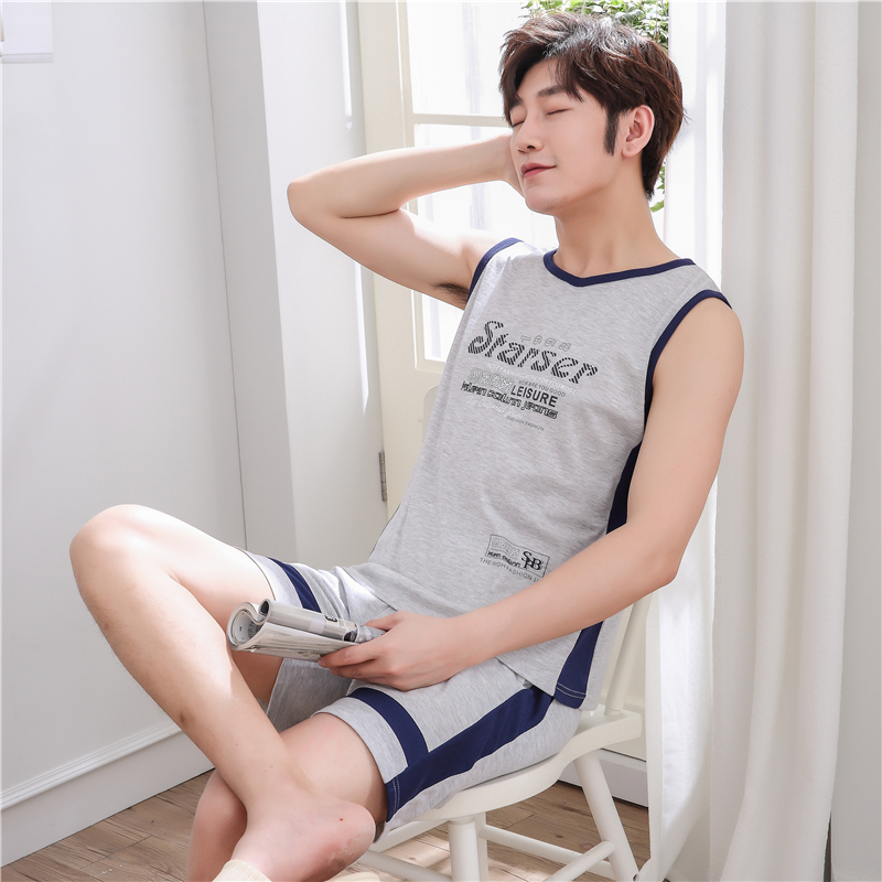 Áo vest nam mùa hè thanh niên không tay quần short đồ ngủ cỡ lớn mỏng phù hợp với cotton đồ bộ ống rộng