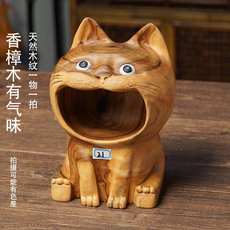 福州手工香樟木招財貓中式木雕擺件實木鑰匙收納大嘴貓木頭雕刻