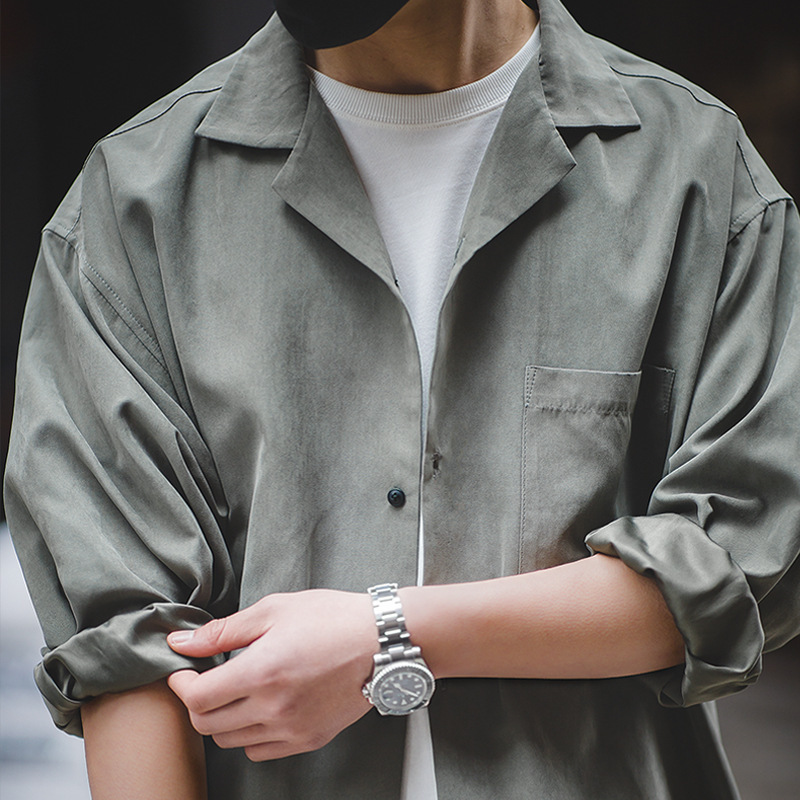 Madden Workwear French Retro Long-Sleeved Cuban Collar Thin Shirt Naples American Shirt Peach Skin Men's Autum