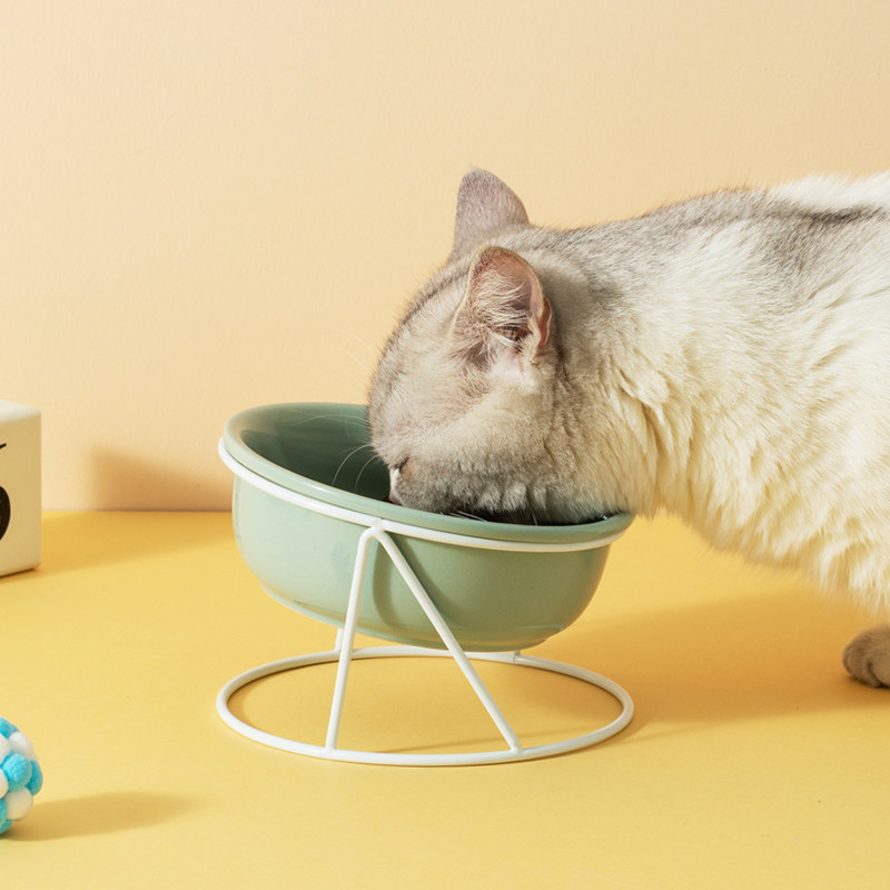 Cat Bowl ceramic double bowl protection cervical spine cute diagonal opening anti-catfish Cat Food Basin Cat Food Bowl water Bowl Bowl Rack Dogs Bowl