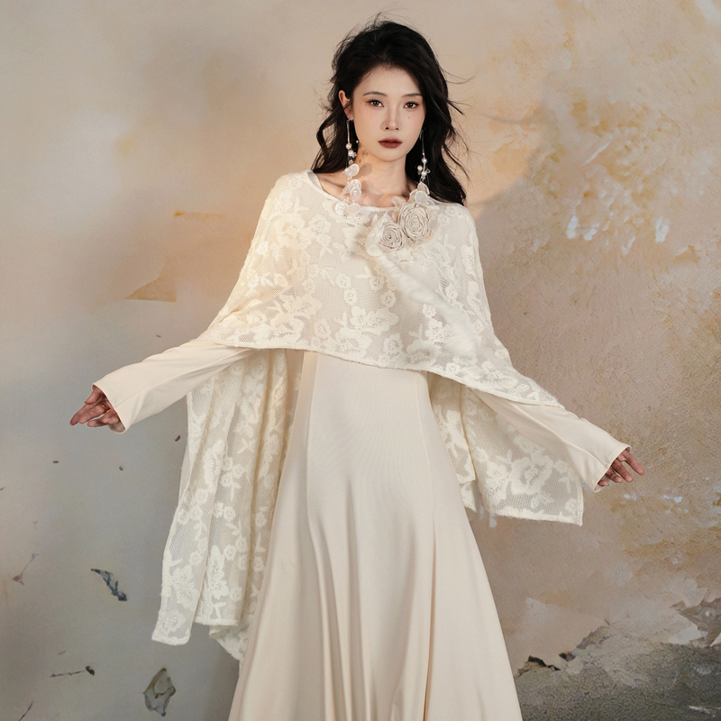 Human Flies of the Earth'Warm Sequence' Lace Cape Dress Set Autumn and Winter Simple Flared Skirt Outing Long Sleeve Long Dress