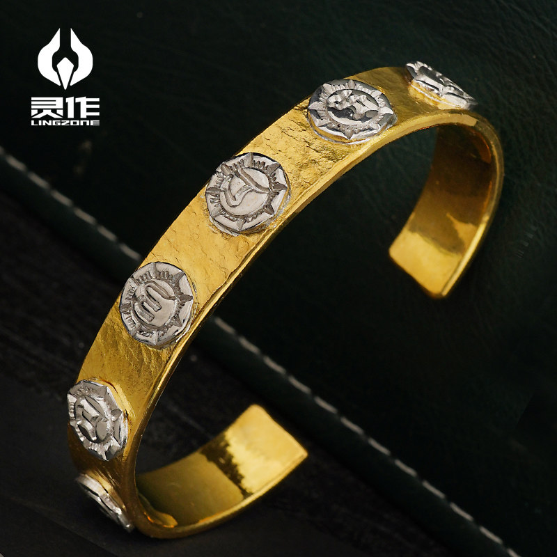 Spirit as silver decoration dog bear Dad handmade 24K gold Six words true hammer Hammer Print Bracelet Platinum Original Design Hand Ring
