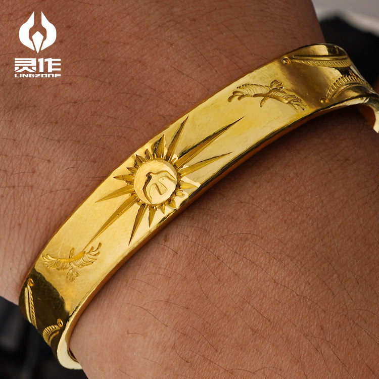 Lingzuo silver ornaments, 24K gold thunderbird sun tang grass pattern pure gold bracelet supervised by Papa Bear, hand-carved personality