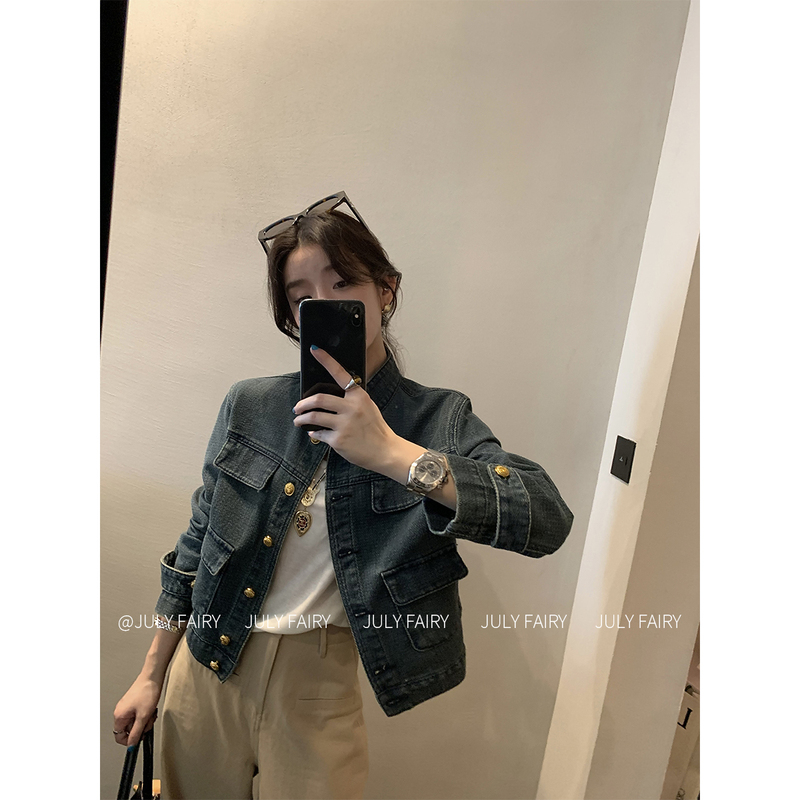 July Fairy Old Money Style Textured Denim Chanel-Style Jacket Spring New Blue Stand Collar Vintage Jacket