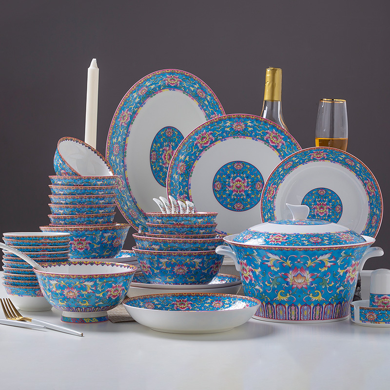 Jingdezhen Chinese style of the ancients colored enamel tableware suit kitchen bowl suit household ipads China to eat rice bowl dish combination